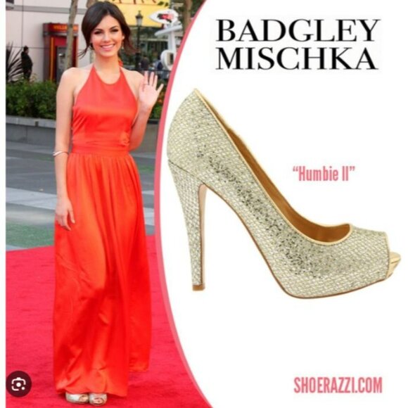 Badgely Mischka Gold Glitter Humbie II Peep Toe Platform Evening Pumps 7.5L & 8R - Picture 6 of 14